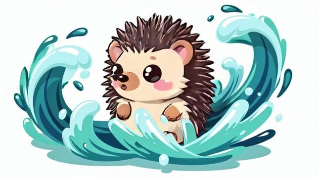 A cute hedgehog or porcupine splashing in blue water.