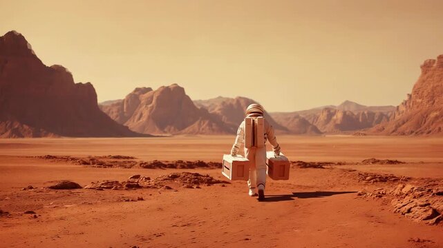 Astronaut walking across Mars desert with equipment boxes, future space exploration concept, interplanetary mission, planetary science, survival technology, human settlement