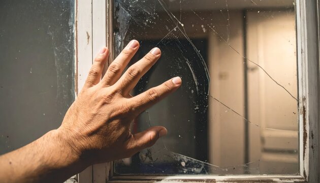 Close-up of a hand touching a cracked window pane, symbolizing fragility and damage.