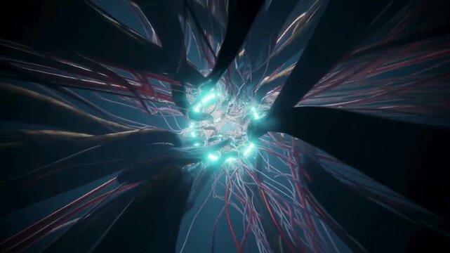Futuristic fiber optic cables with glowing blue light, high speed data transmission tunnel, digital network infrastructure and telecommunications background