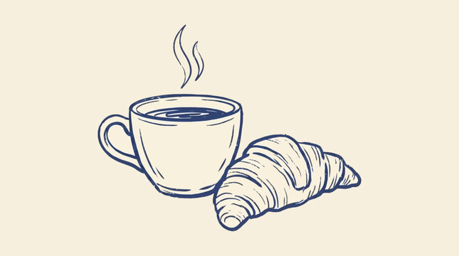 Hand drawn ink sketch of a steaming espresso mug paired with a flaky French croissant pastry, vintage artistic vector illustration for cafe menu design and morning breakfast concept.