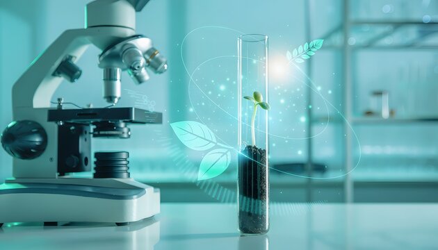 Concept of genetic engineering and plant biology with microscope and glowing digital leaves