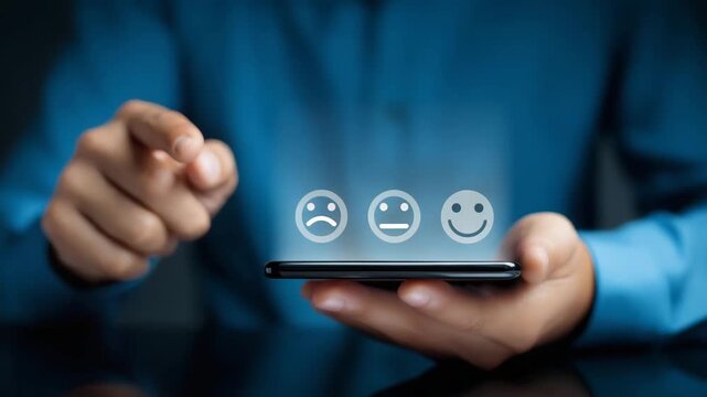Customer satisfaction feedback interface with happy neutral and sad face icons above smartphone, user rating and service review concept, realistic business technology stock photo