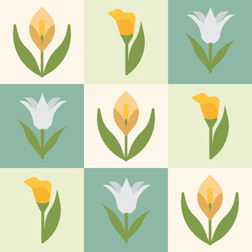 Lily Calla Lily in Square Grid Shapes Soft Pastel Flat Illustration Geometric Floral Pattern Collection for Feminine Celebrations Florist Branding Greeting Cards and Elegant Decorative Designs