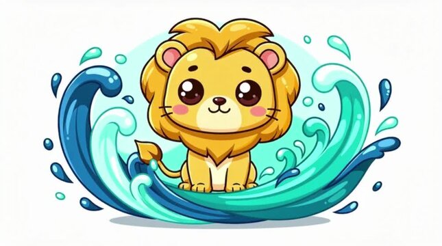 A cute lion cub splashing in blue water.