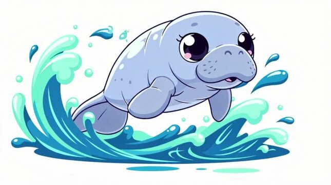 A cute seal or dolphin swimming in splashing blue water.