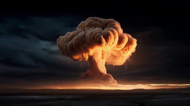 Distant mushroom cloud rising over empty desert road, global crisis warning concept, disaster awareness, geopolitical risk, emergency preparedness, environmental danger, survival