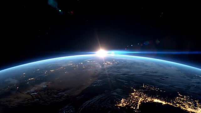 Earth horizon at sunrise from orbit with glowing blue atmosphere and city lights, ultra realistic space view, global civilization, planet at night, cosmic dawn, world map illuminat