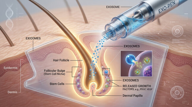 Innovative exosome therapy for hair restoration laboratory setting infographic scientific environment close-up view