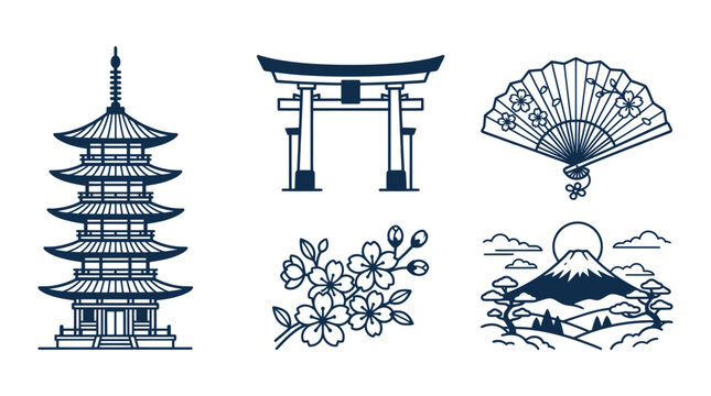 Japanese Culture Icons: Pagoda, Torii Gate, Fan, Cherry Blossoms, Mt. Fuji