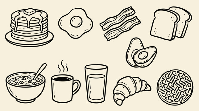 Handdrawn breakfast meal collection featuring organic doodle line art graphics of eggs bread coffee and morning food elements in minimalist vector style for menu design and cookbook decor