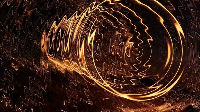 Abstract golden light spiral with liquid ripple texture, glowing amber energy vortex background, shimmering metallic wave patterns for motion graphics