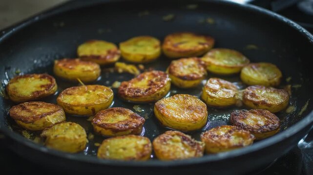 Golden fried potato slices in black frying pan, homemade cooking concept, crispy breakfast food, rustic kitchen, comfort meal, pan fried vegetables, simple recipe and warm culi