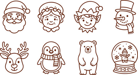 Christmas winter collection featuring happy santa claus mrs claus elf snowman reindeer penguin polar bear and snow globe. © Sadhin