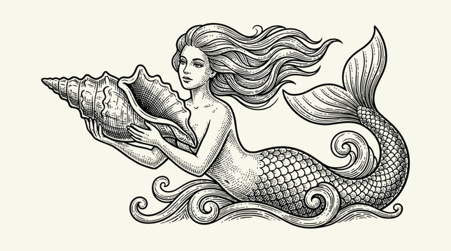 Elegant mythical mermaid swimming underwater holding decorative sea shell vintage retro hand drawn woodcut engraving style vector illustration black monochrome icon isolated on white background