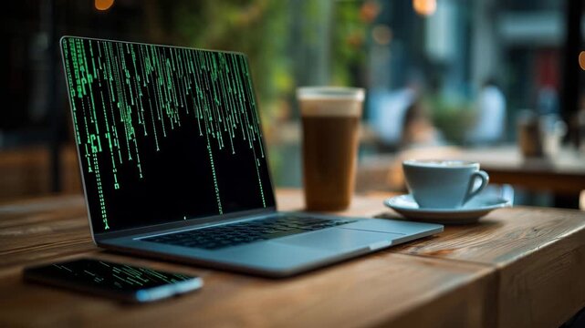Modern laptop with green encrypted code on screen in cafe workspace, cybersecurity background, secure connection, data privacy, firewall protection, remote work safety and digital