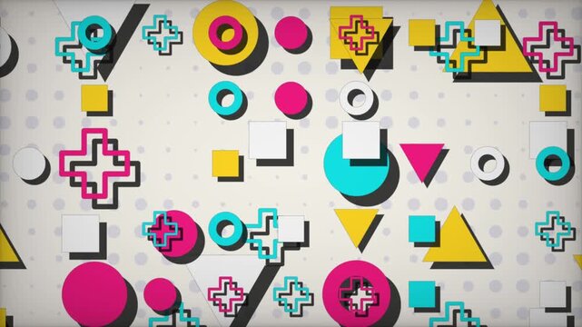 Seamlessly looping animation of retro Memphis style geometric shapes falling