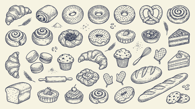 Hand-drawn bakery pastries icon collection featuring doodle sketch illustrations of delicious bread, croissant, donut, and sweet desserts in a vector line art style set for food menu design.