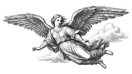 Naklejka premium Ethereal biblical celestial angel soaring through heaven, classic vintage woodcut engraving illustration, divine renaissance religious figure, isolated black white outline vector etching artwork.