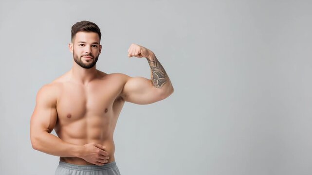 Muscular young man flexing biceps in black tank top on light studio background, fitness motivation concept, strength training, bodybuilding, athletic confidence