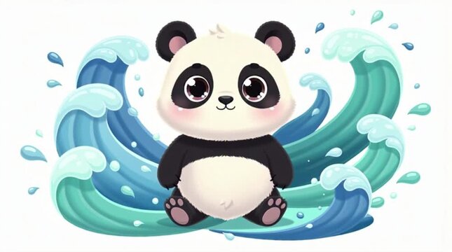 A cute panda bear swimming in splashing blue water.