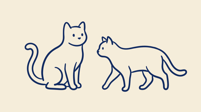 Elegant pair of domestic feline pets in a minimalist black line art doodle style, creative hand drawn kitty cat sketch vector illustration isolated on a clean white background.