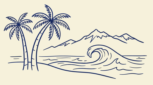 Minimalist tropical landscape featuring slender palm trees and distant mountain peaks, designed in a modern line art doodle style as a clean vector graphic for contemporary aesthetic.