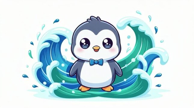 A cute penguin swimming in splashing blue water.