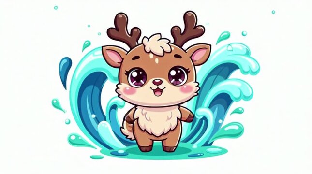 A cute deer or reindeer splashing in blue water.