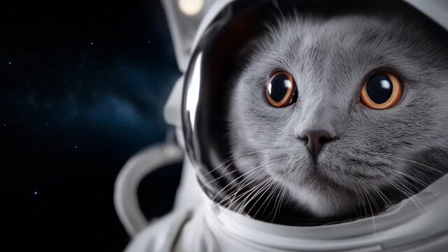 Realistic gray cat inside astronaut helmet in outer space, humorous pet space mission concept, cosmic animal portrait, futuristic exploration, cute sci fi adventure
