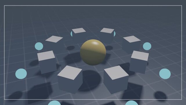 A golden sphere surrounded by rotating cubes and light blue spheres in a seamless loop