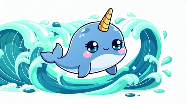 A cute narwhal or whale with a horn splashing in water.
