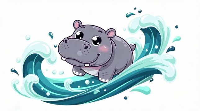 A cute hippo splashing in blue water.