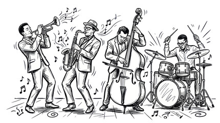 Jazz Band Performing Live Music: Trumpet, Saxophone, Double Bass, Drums © jono