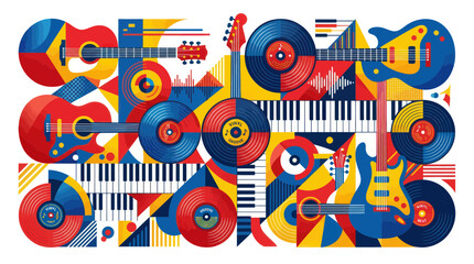 Abstract Musical Instruments and Vinyl Records Collage, Geometric Retro Style © jono
