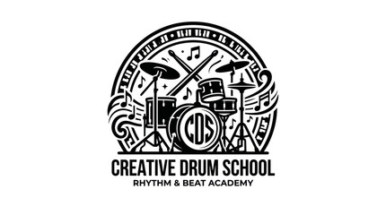 Creative Drum School Logo: Drums, Sticks, Music Notes, Keyboard Border © jono