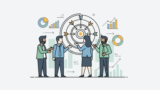 Teamwork strategy meeting, business people planning goals around target board with charts