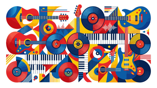 Abstract Musical Instruments and Vinyl Records Collage, Geometric Retro Style