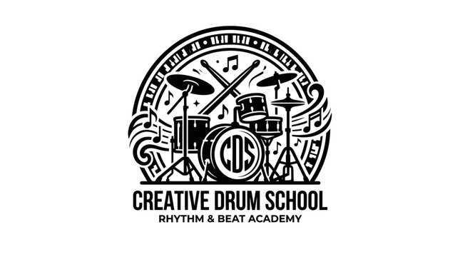 Creative Drum School Logo: Drums, Sticks, Music Notes, Keyboard Border