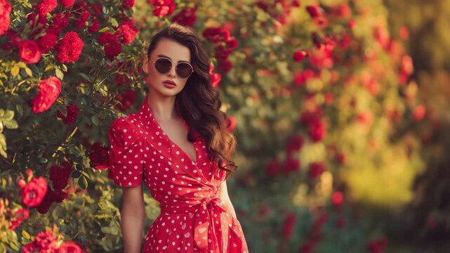 Stylish brunette woman in red polka dot dress posing near blooming red rose bush, summer fashion portrait, romantic garden lifestyle, feminine elegance, floral background and socia