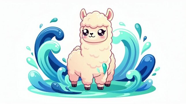 A cute pig splashing in blue water.