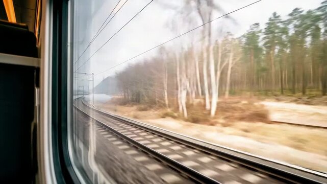 View from train window with blurred railway tracks and forest landscape, travel journey concept, passenger perspective, railway transportation, countryside