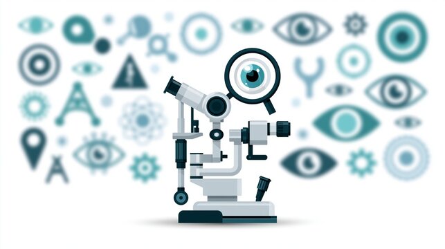 Medium shot showcasing a focused slitlamp icon with blurred teal and pastel blue ophthalmology symbols on a clean white background perfect for medical infographic use