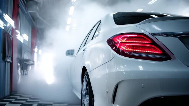 White luxury car rear in professional detailing garage with mist and LED lights, auto care service concept, ceramic coating, vehicle washing, premium