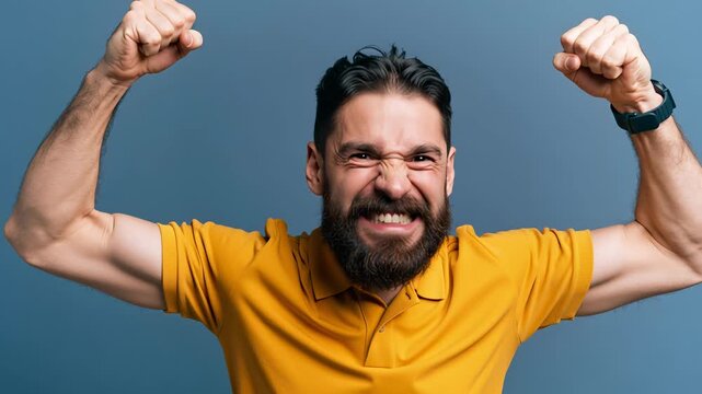 A jubilant man with dark hair, wearing a mustard yellow polo shirt, with his mouth wide open in a cheer.
