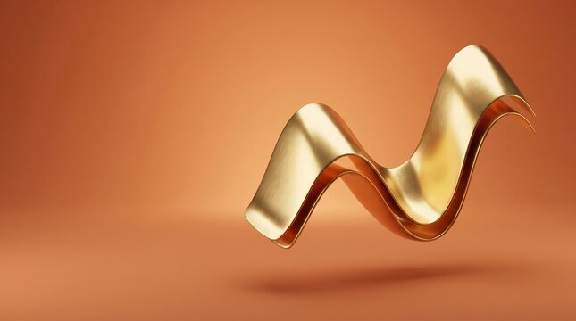Abstract golden wave sculpture on orange background, 3D metallic ribbon with fluid motion, luxury gold element for premium branding and design