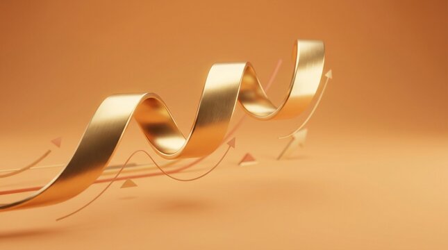 Golden ribbon arrow rising on orange background, 3d financial growth chart, elegant metallic curve representing success and market profit