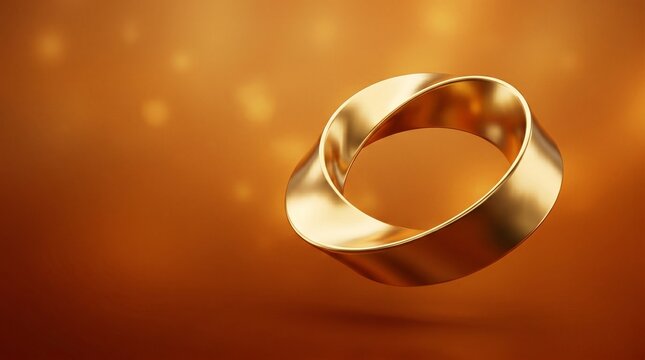 Golden Mobius strip floating on warm bokeh background, infinite loop symbol in polished metal, elegant gold ring with twisted geometry