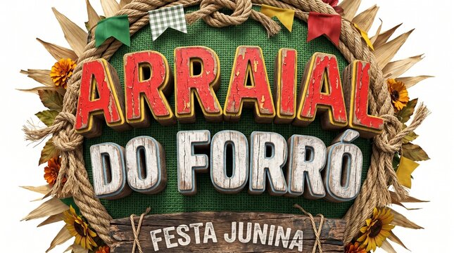 Arraial do Forro Festa Junina celebration with rustic wooden letters and festive decorations