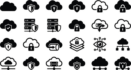 Obraz premium Cloud security and data protection glyph icon set with cloud lock, server shield, key, firewall, eye, layer, migration, and network symbols for cybersecurity and storage design